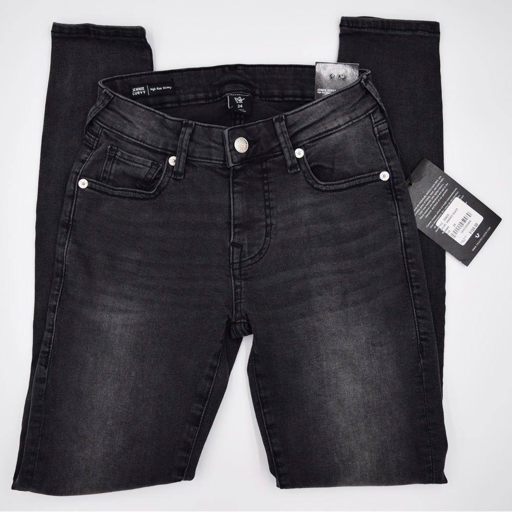 NWT TRUE RELIGION Jennie Curvy High Rise Washed Black Skinny Jeans Size 24
